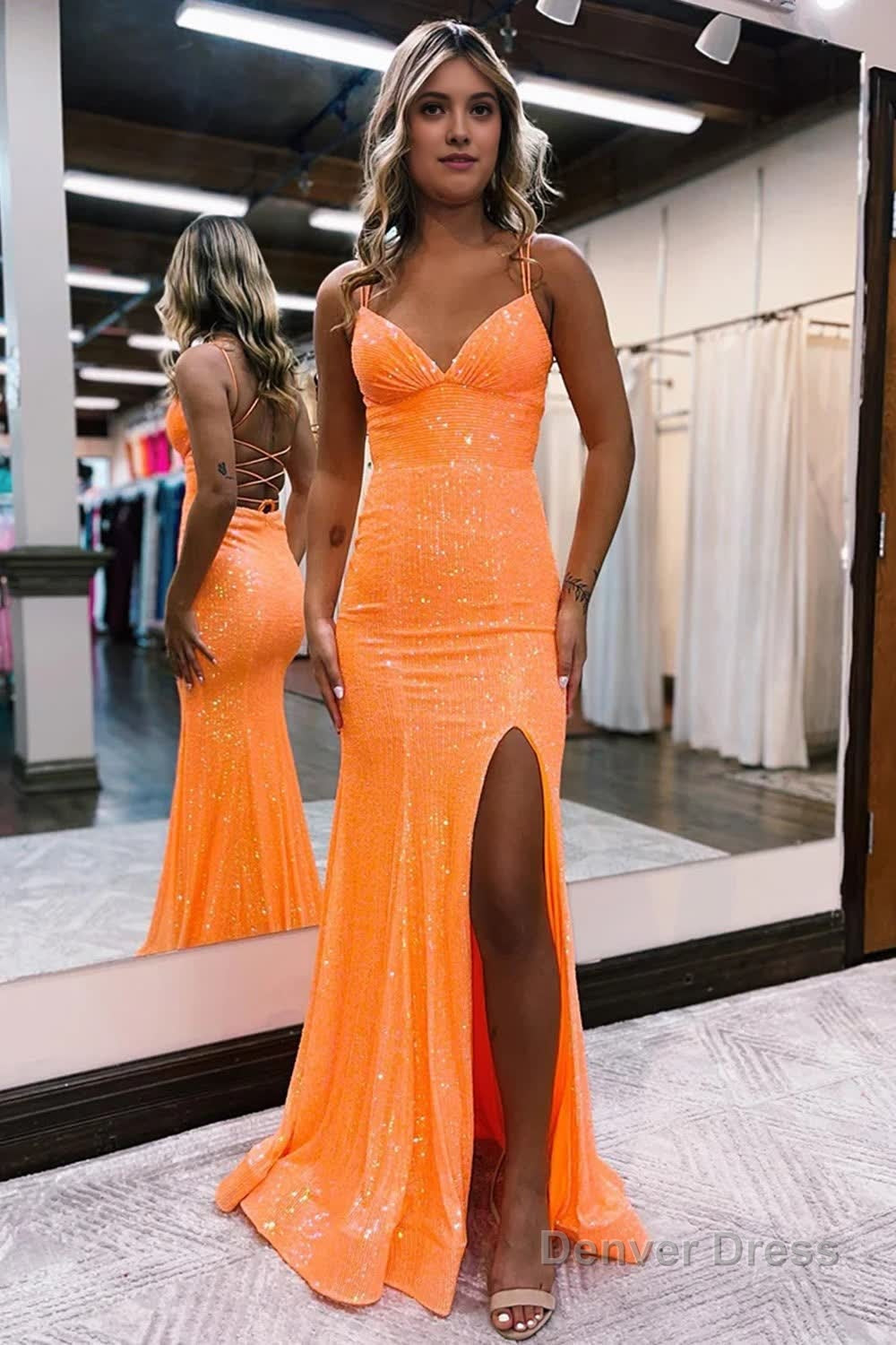 Pink Sequins Mermaid Prom Dresses