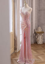 Pink Sequins Mermaid Sweetheart Long Prom Dresses, Pink Sequins Evening Dresses