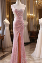 Pink Sequins Mermaid Sweetheart Long Prom Dresses, Pink Sequins Evening Dresses