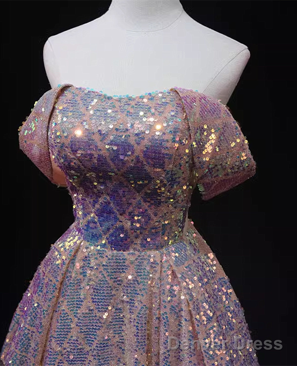 Pink Sequins Off Shoulder A-Line Long Prom Dress, Sequins Evening Dress Secondary image