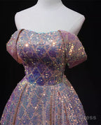 Pink Sequins Off Shoulder A-Line Long Prom Dress, Sequins Evening Dress
