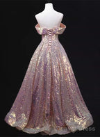 Pink Sequins Off Shoulder A-Line Long Prom Dress, Sequins Evening Dress
