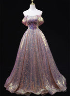 Pink Sequins Off Shoulder A-Line Long Prom Dress, Sequins Evening Dress