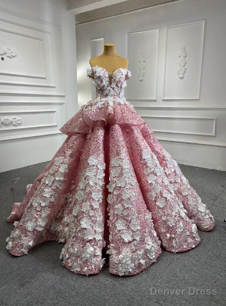Pink Sequins Off the Shoulder Appliques Prom Dresses