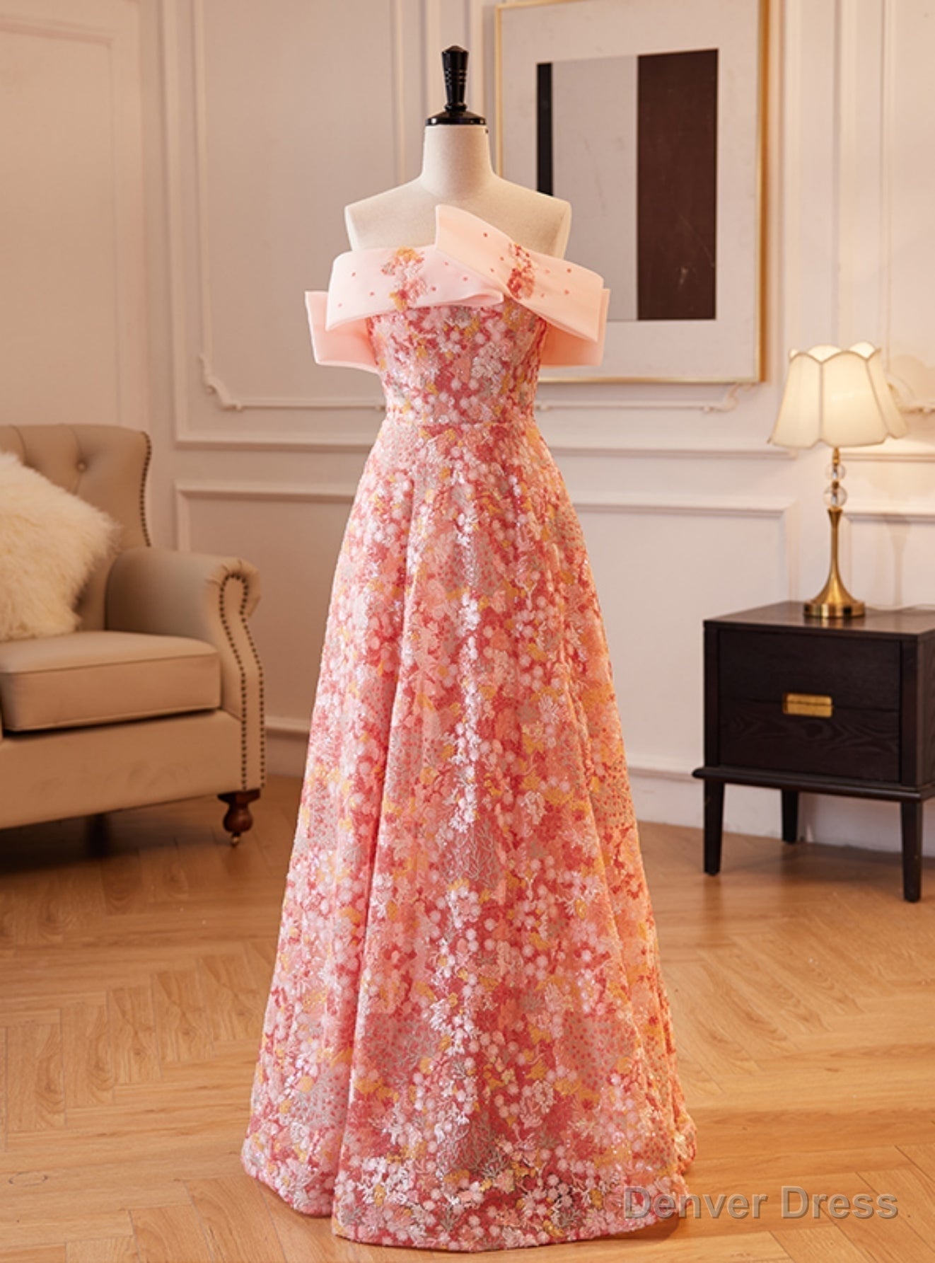 Pink Sequins Off the Shoulder Prom Dresses
