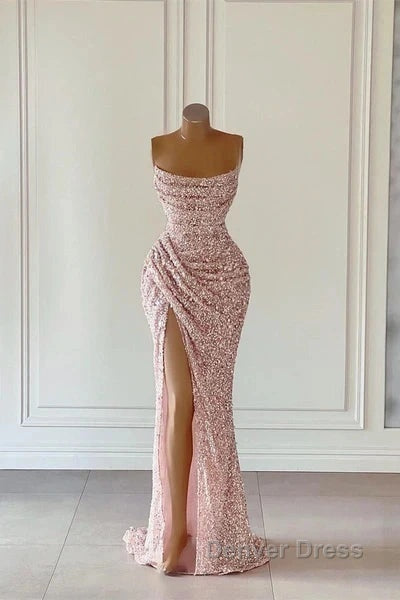 Pink Sequins Sleeveless Prom Dresses With Split