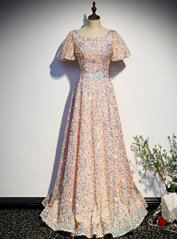 Pink Sequins Square Puff Sleeve Prom Dresses