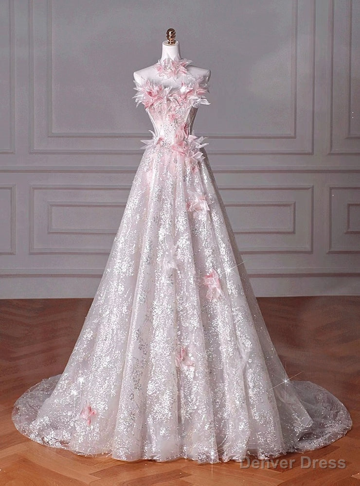 Pink Sequins Strapless 3D Flower Prom Dress Main image
