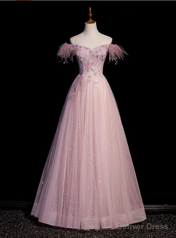 Pink Sequins Tulle Off the Shoulder Beading Prom Dresses