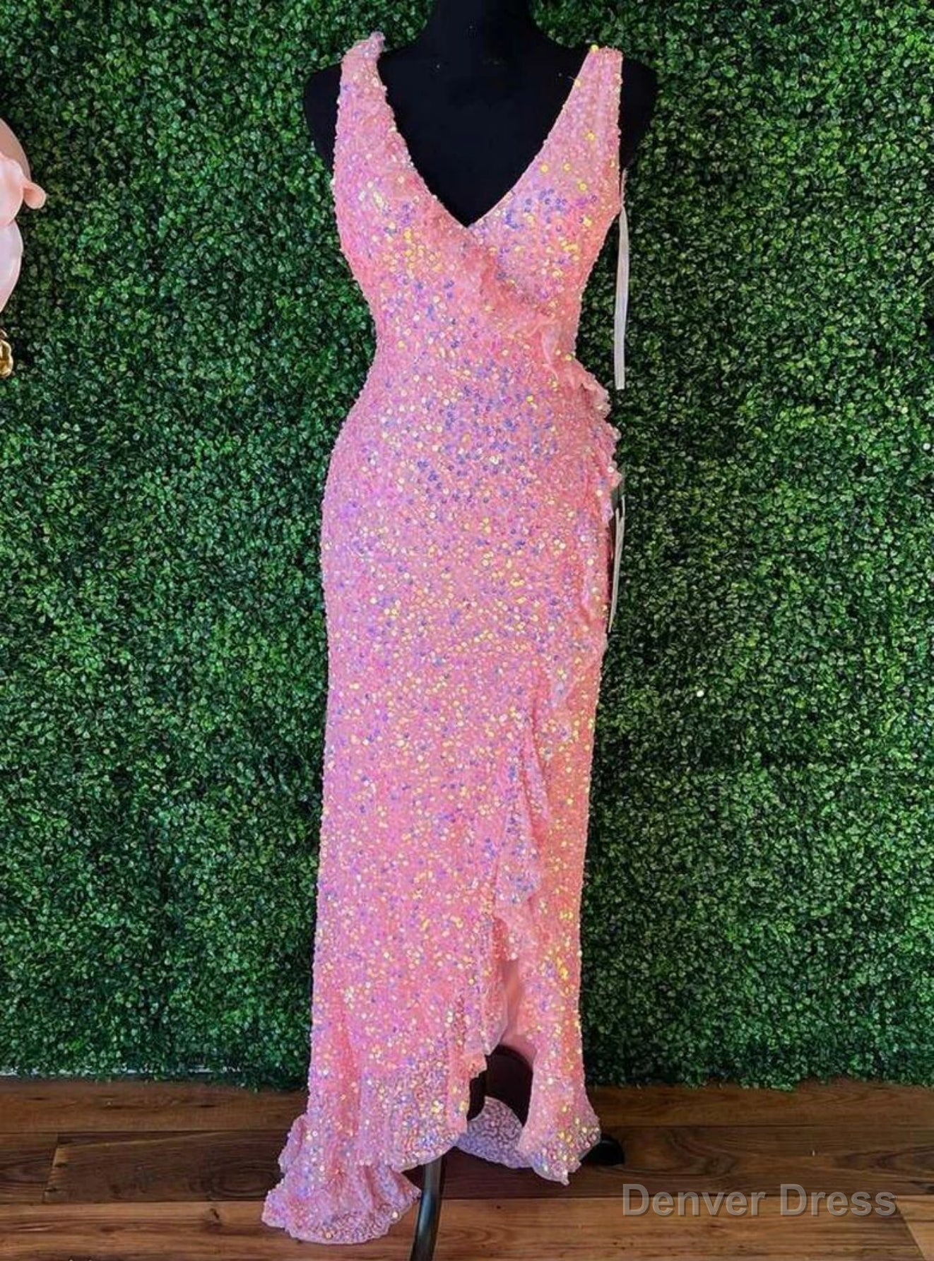Pink Sequins V Neck Split Prom Dresses