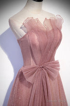 Pink Shiny Tulle Long A Line Prom Dress, Lovely Strapless Prom Dresses