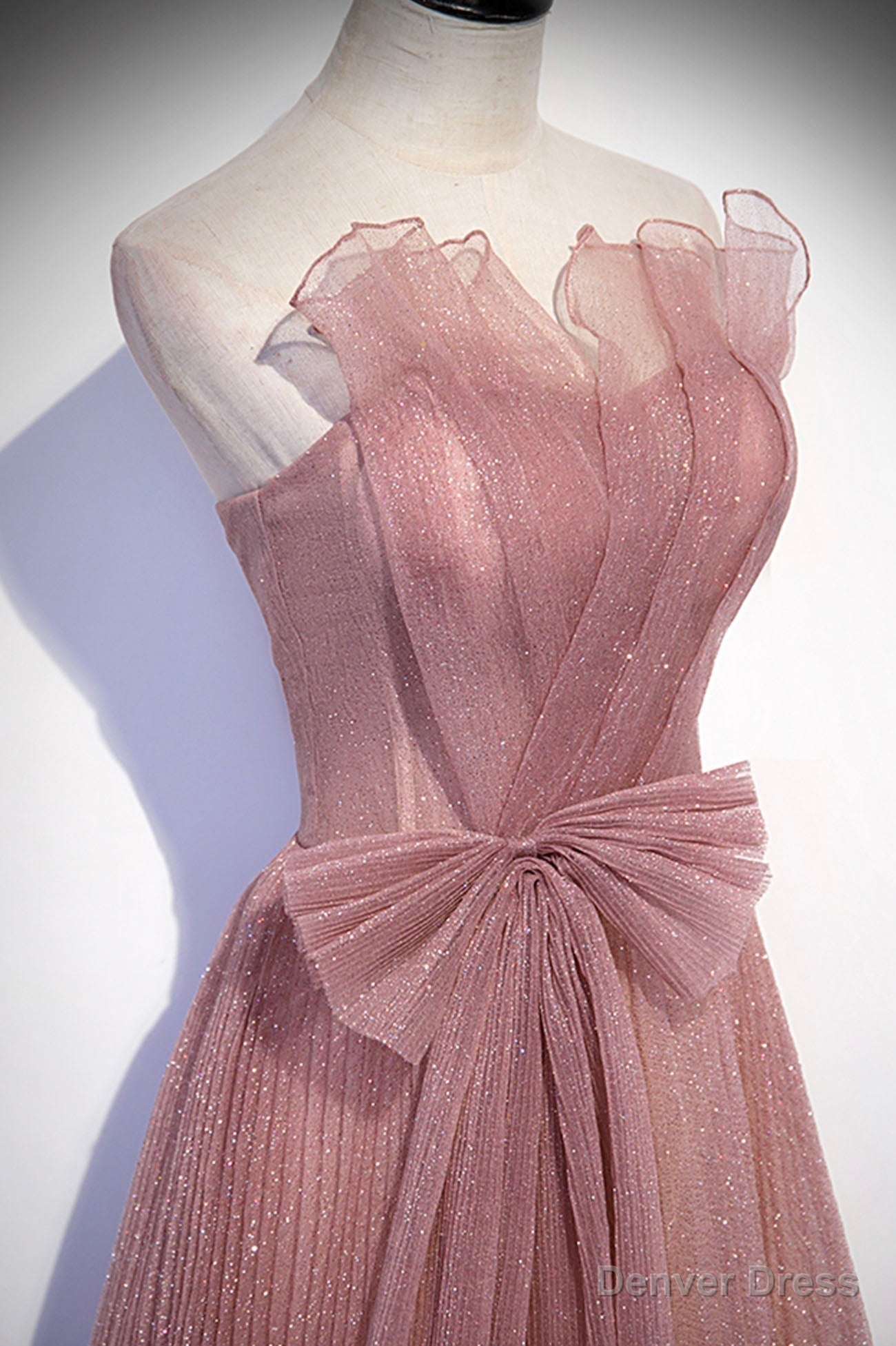 Pink Shiny Tulle Long A Line Prom Dress, Lovely Strapless Prom Dresses
