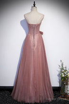 Pink Shiny Tulle Long A Line Prom Dress, Lovely Strapless Prom Dresses