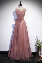 Pink Shiny Tulle Long A Line Prom Dress, Lovely Strapless Prom Dresses