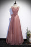 Pink Shiny Tulle Long A Line Prom Dress, Lovely Strapless Prom Dresses