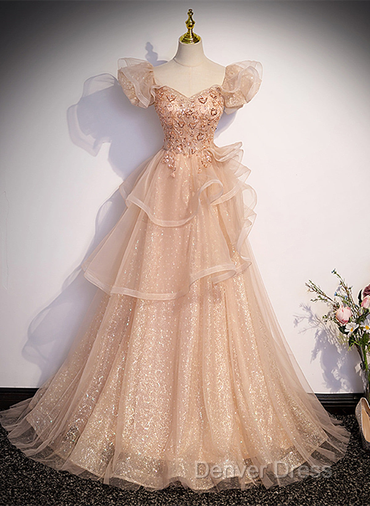 Pink Shiny Tulle Sweetheart Long Layers Party Dresses, A-Line Pink Tulle Formal Dresses Prom Dresses