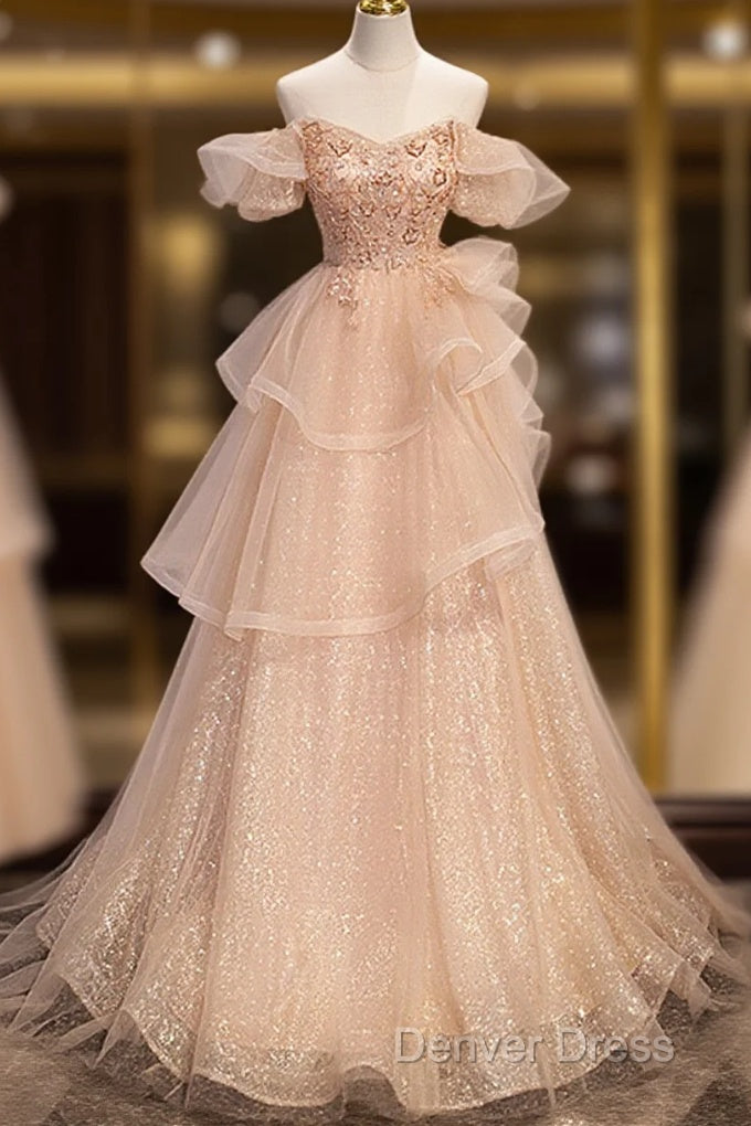 Pink Shiny Tulle Sweetheart Long Layers Party Dresses, A-Line Pink Tulle Formal Dresses Prom Dresses