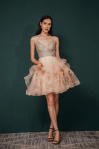 Short A Line V Neck Tiered Shiny Beads Crystal Homecoming Dresses