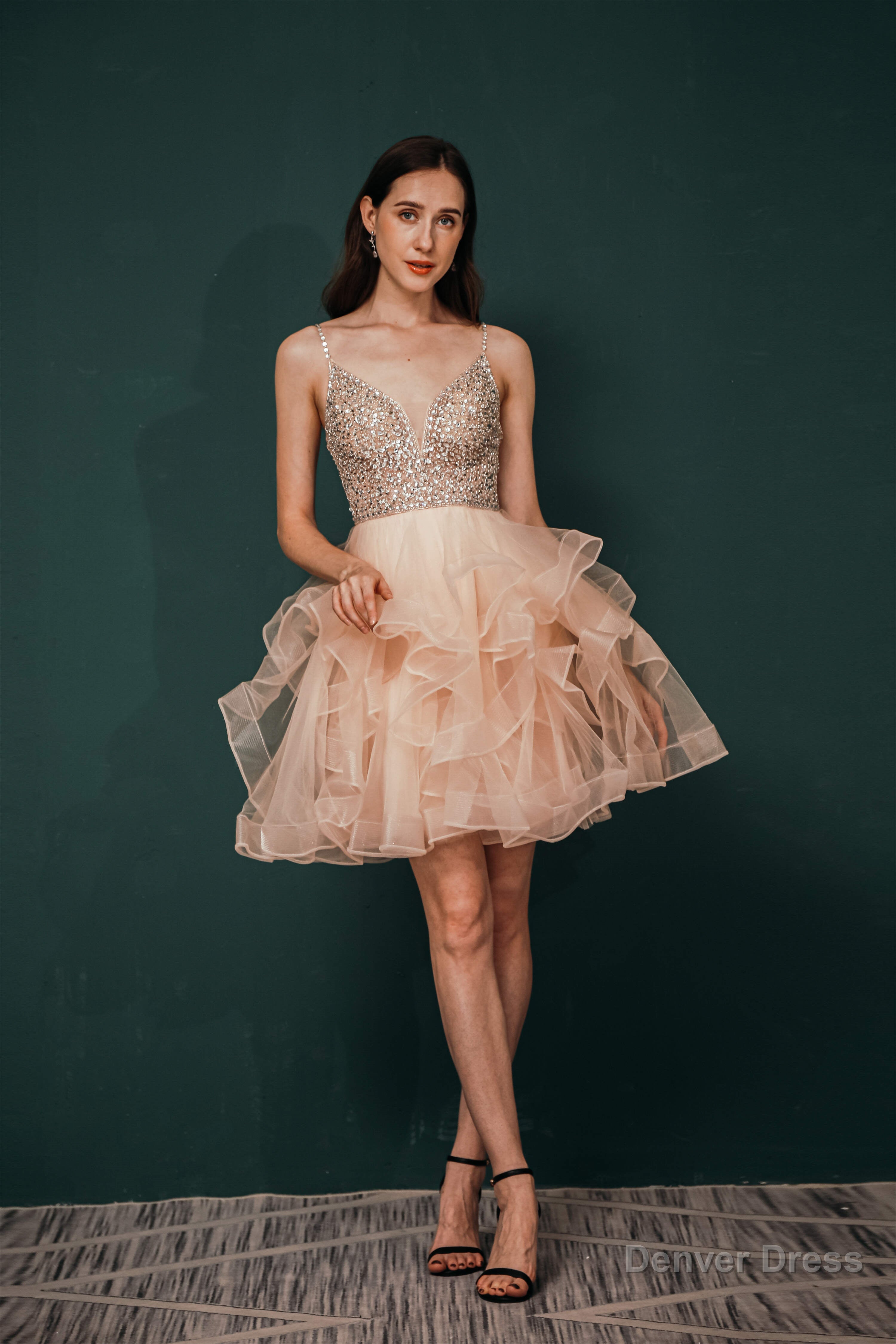 Short A Line V Neck Tiered Shiny Beads Crystal Homecoming Dresses