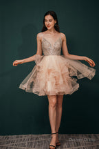 Short A Line V Neck Tiered Shiny Beads Crystal Homecoming Dresses
