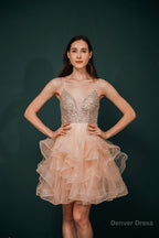 Short A Line V Neck Tiered Shiny Beads Crystal Homecoming Dresses