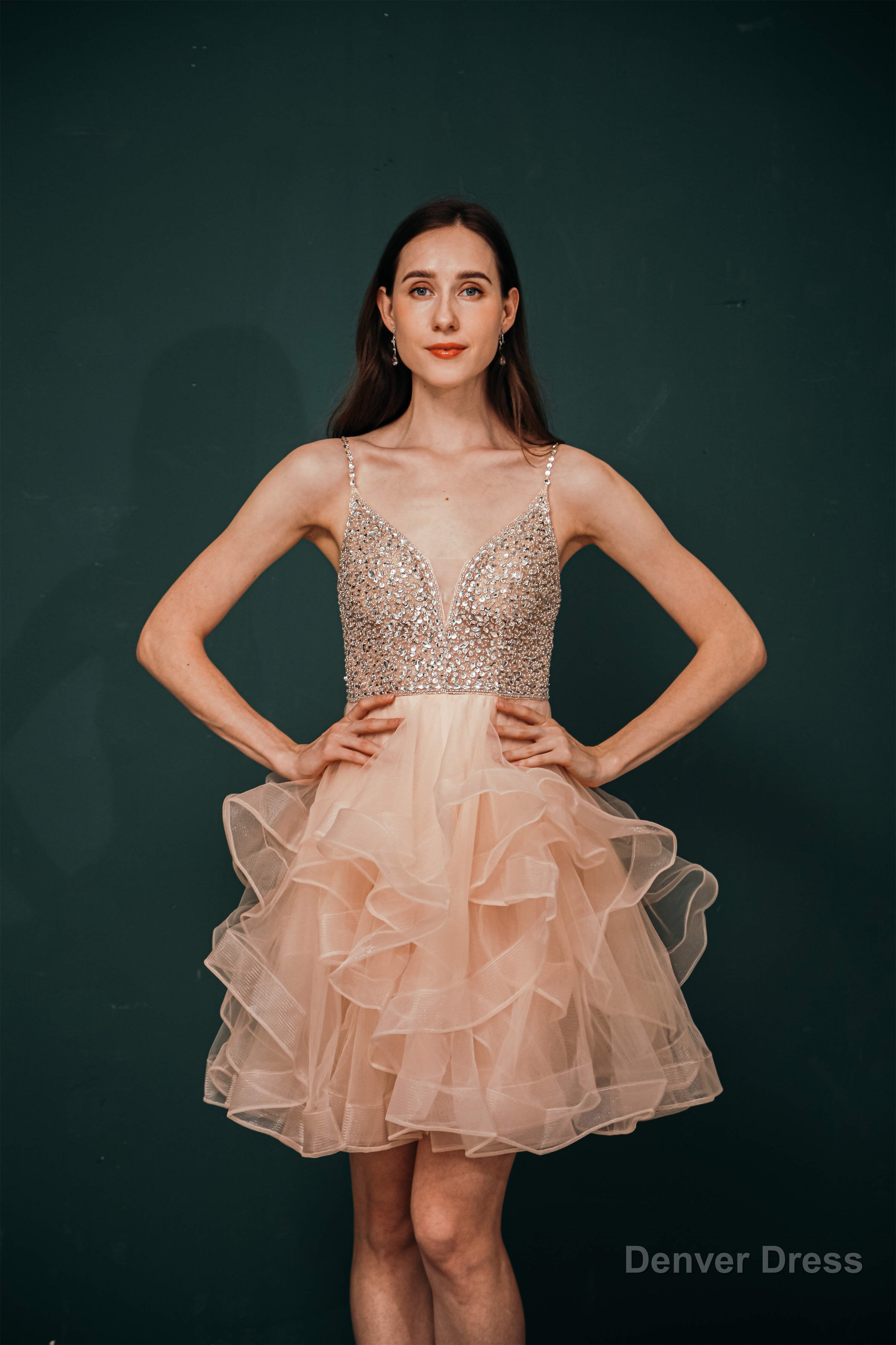 Short A Line V Neck Tiered Shiny Beads Crystal Homecoming Dresses