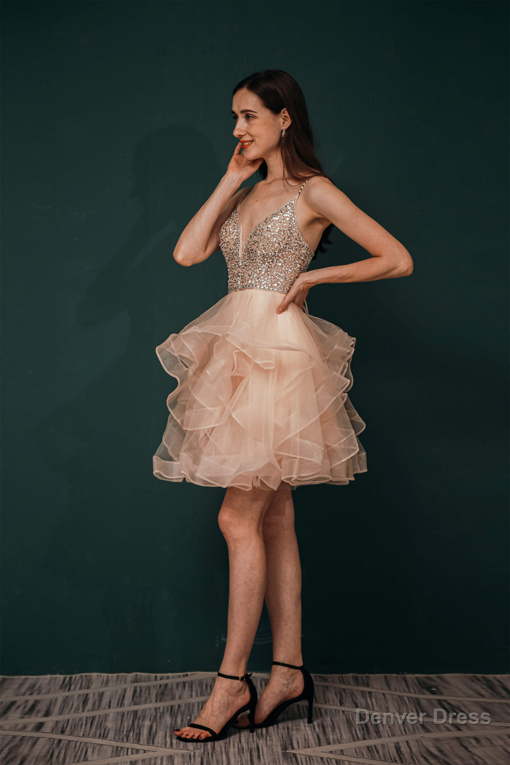 Short A Line V Neck Tiered Shiny Beads Crystal Homecoming Dresses