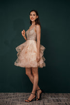 Short A Line V Neck Tiered Shiny Beads Crystal Homecoming Dresses
