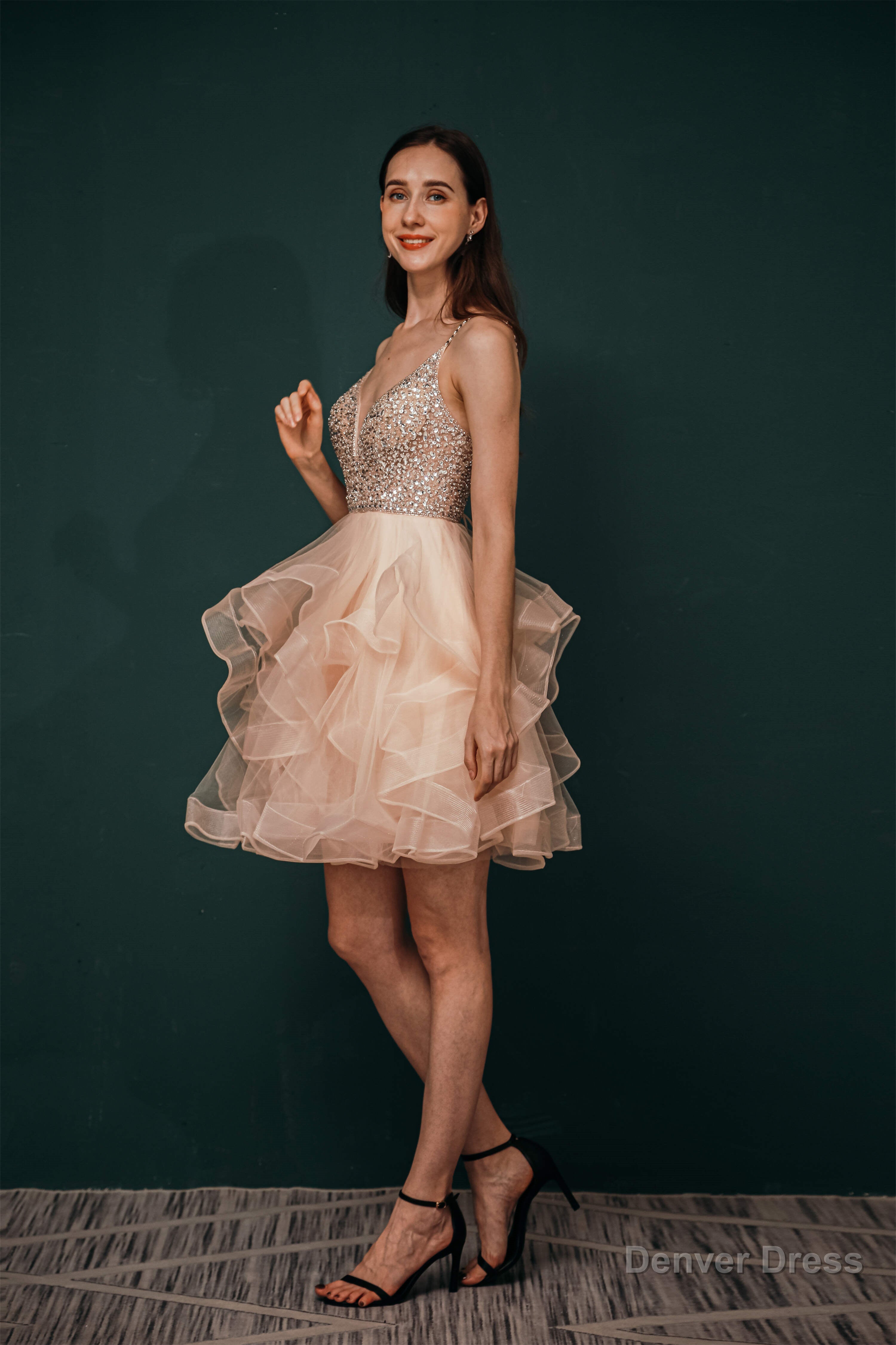 Short A Line V Neck Tiered Shiny Beads Crystal Homecoming Dresses