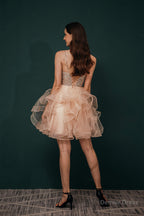 Short A Line V Neck Tiered Shiny Beads Crystal Homecoming Dresses