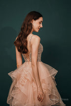 Short A Line V Neck Tiered Shiny Beads Crystal Homecoming Dresses