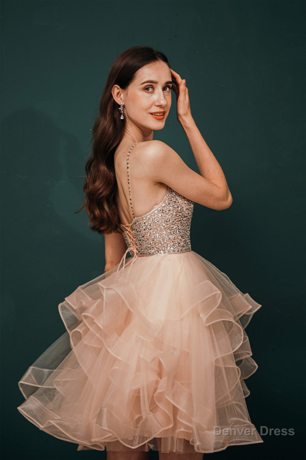 Short A Line V Neck Tiered Shiny Beads Crystal Homecoming Dresses