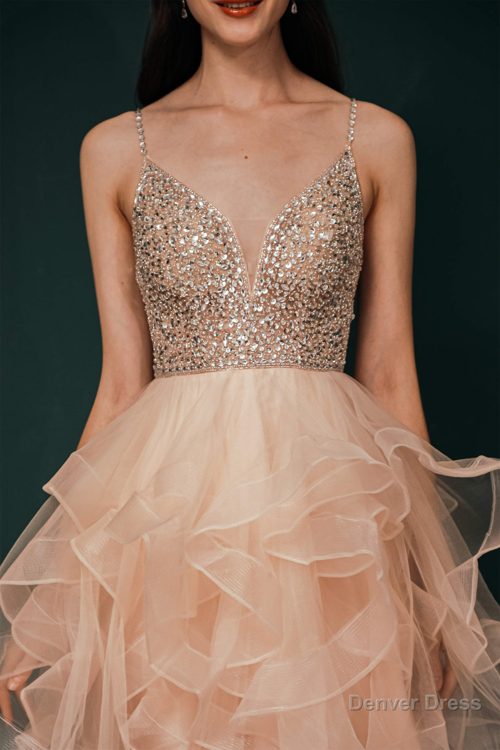 Short A Line V Neck Tiered Shiny Beads Crystal Homecoming Dresses