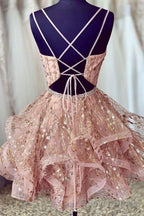Pink Short Homecoming Dress Sequined Prom Dress V Neck Prom Dresses