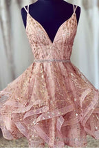 Pink Short Homecoming Dress Sequined Prom Dress V Neck Prom Dresses