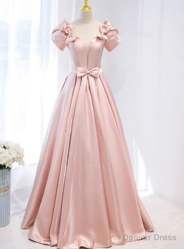 Pink Short Sleeve Bow Prom Dresses