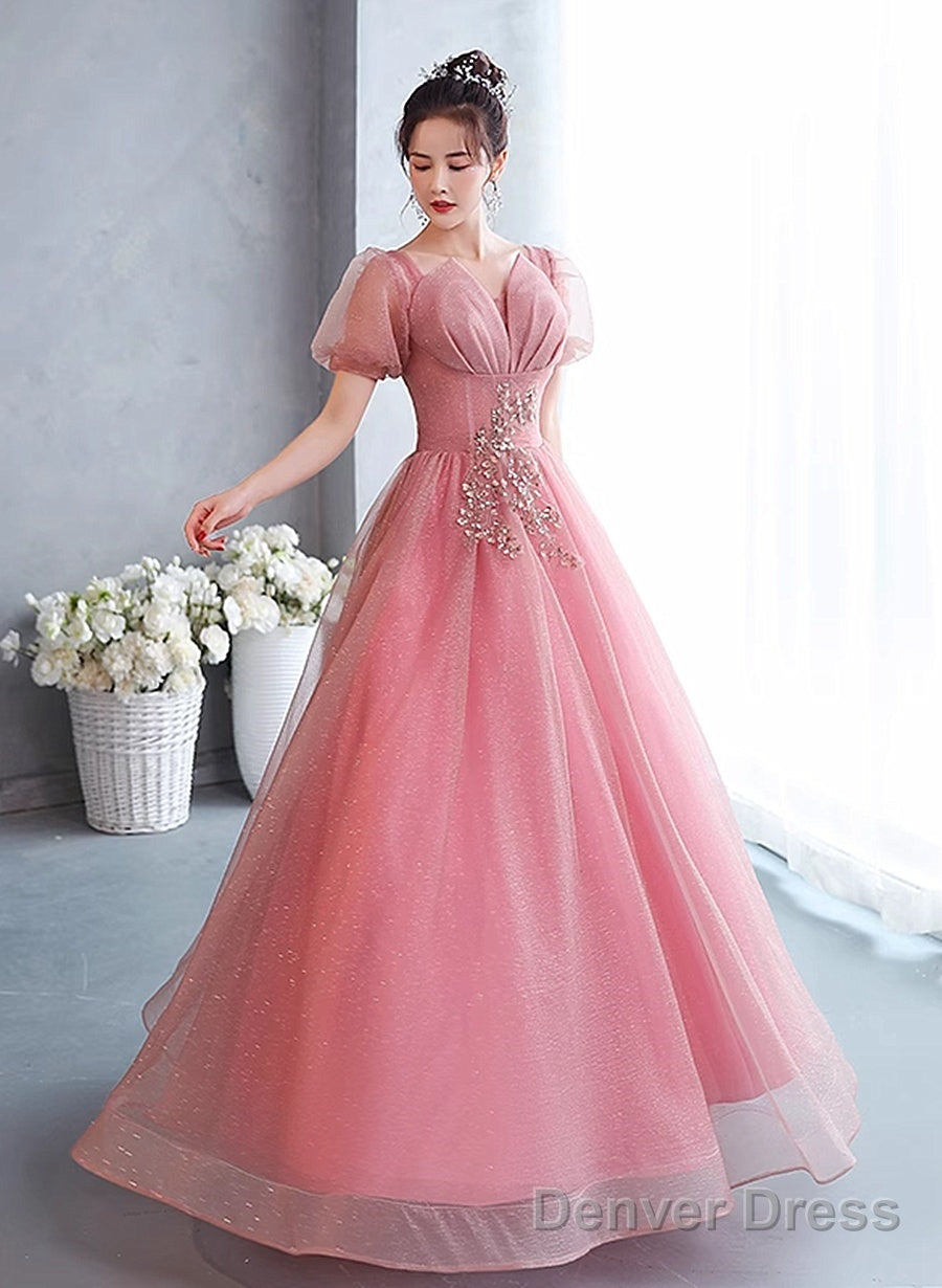 Pink Short Sleeves Beaded Tulle Long Formal Dress, Pink Tulle Prom Dress Evening Dress