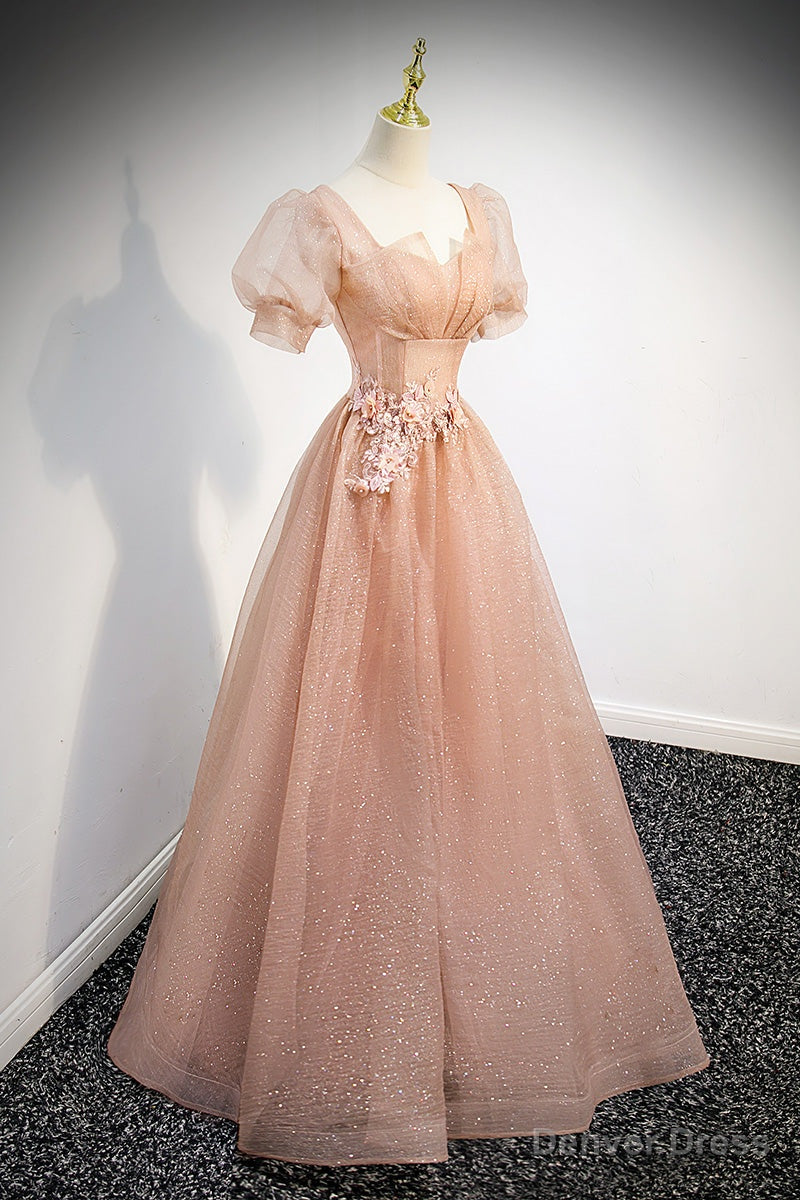 Pink Short Sleeves Tulle Party Dress, A-line Flower Lace Prom Dress
