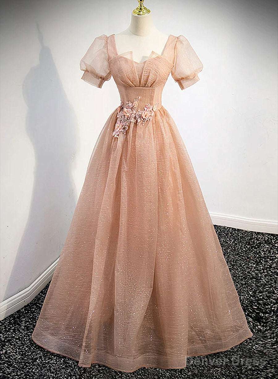 Pink Short Sleeves Tulle Party Dress, A-line Flower Lace Prom Dress Secondary image