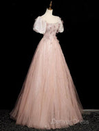 Pink Short Sleeves Tulle Sequins Long Party Dresses, Pink Tulle Prom Dresses