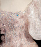 Pink Short Sleeves Tulle Sequins Long Party Dresses, Pink Tulle Prom Dresses