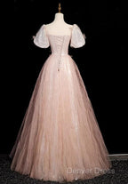 Pink Short Sleeves Tulle Sequins Long Party Dresses, Pink Tulle Prom Dresses