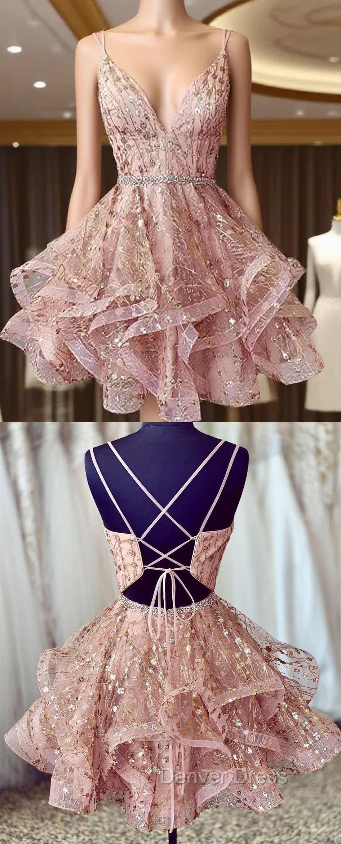 pink sleeveless V Neck Spaghetti Straps sequins applique beaded homecoming Dresses