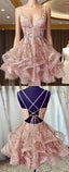 pink sleeveless V Neck Spaghetti Straps sequins applique beaded homecoming Dresses