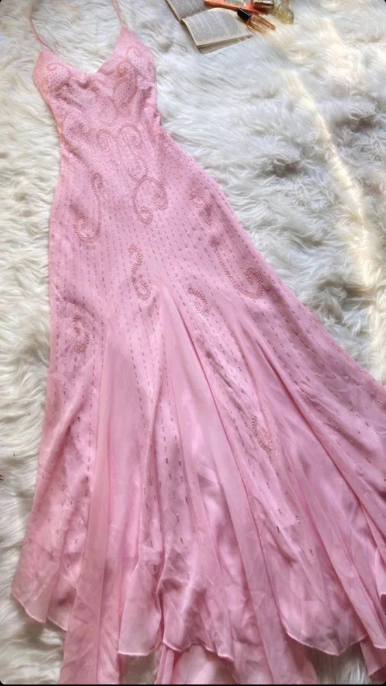 Pink Spaghetti Strap Beaded A-Line Long Elegant Ball Gowns Prom Dress Secondary image