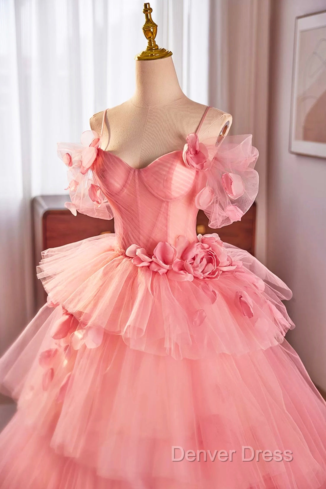 Pink Spaghetti Strap Tulle Long Prom Dresses, Beautiful A-Line Formal Sweet 16 Dresses