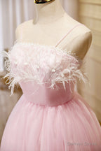 Pink Spaghetti Strap Tulle Short Prom Dress with Feather, Pink Prom Dresses