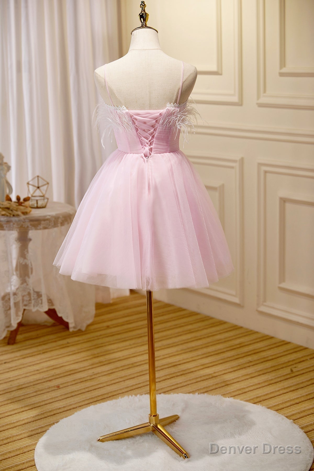 Pink Spaghetti Strap Tulle Short Prom Dress with Feather, Pink Party Dress