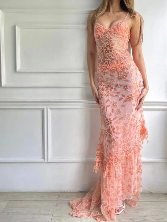 Pink Spaghetti Straps Lace Beading Gorgeous Mermaid Prom Dresses Secondary image