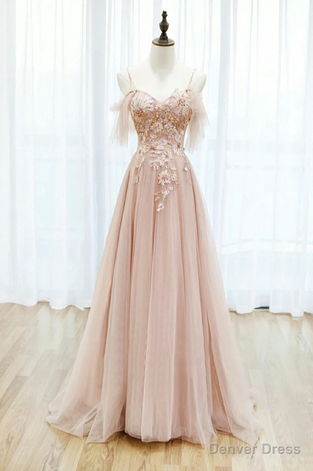 Pink Spaghetti Straps Lace Long Prom Dress, A Line Prom Graduation Dresses